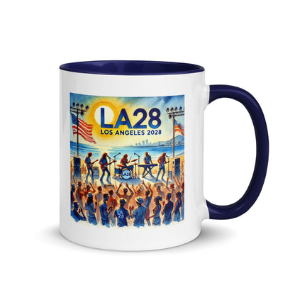 Watercolor Los Angeles Ocean, Beach Scene with LA28 Sign and Live Rock and Roll Band Color Mug