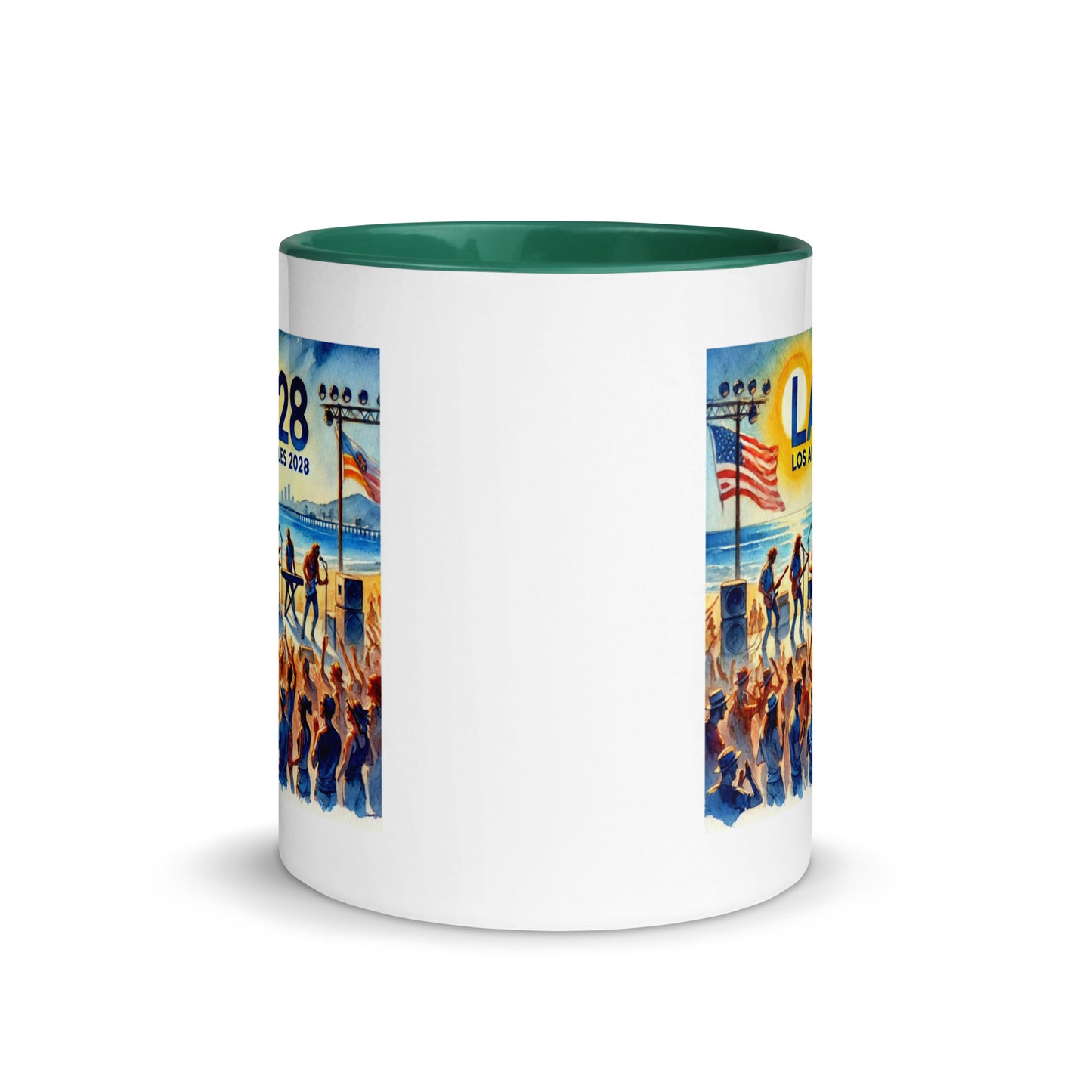 Watercolor Los Angeles Ocean, Beach Scene with LA28 Sign and Live Rock and Roll Band Color Mug