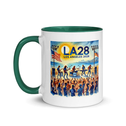 Watercolor Los Angeles Ocean, Beach Scene with LA28 Sign and Live Rock and Roll Band Color Mug
