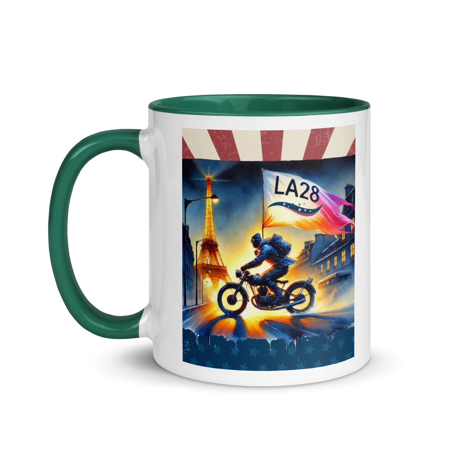 Cruisin to LA28" Vibrant Watercolor Painting – Olympic Spirit with Eiffel Tower Color Mug