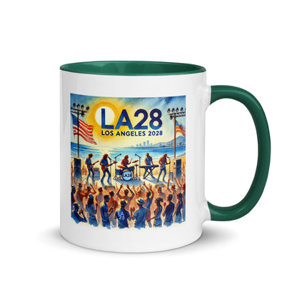 Watercolor Los Angeles Ocean, Beach Scene with LA28 Sign and Live Rock and Roll Band Color Mug