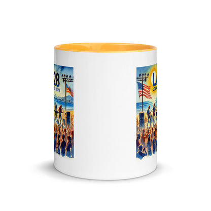 Watercolor Los Angeles Ocean, Beach Scene with LA28 Sign and Live Rock and Roll Band Color Mug