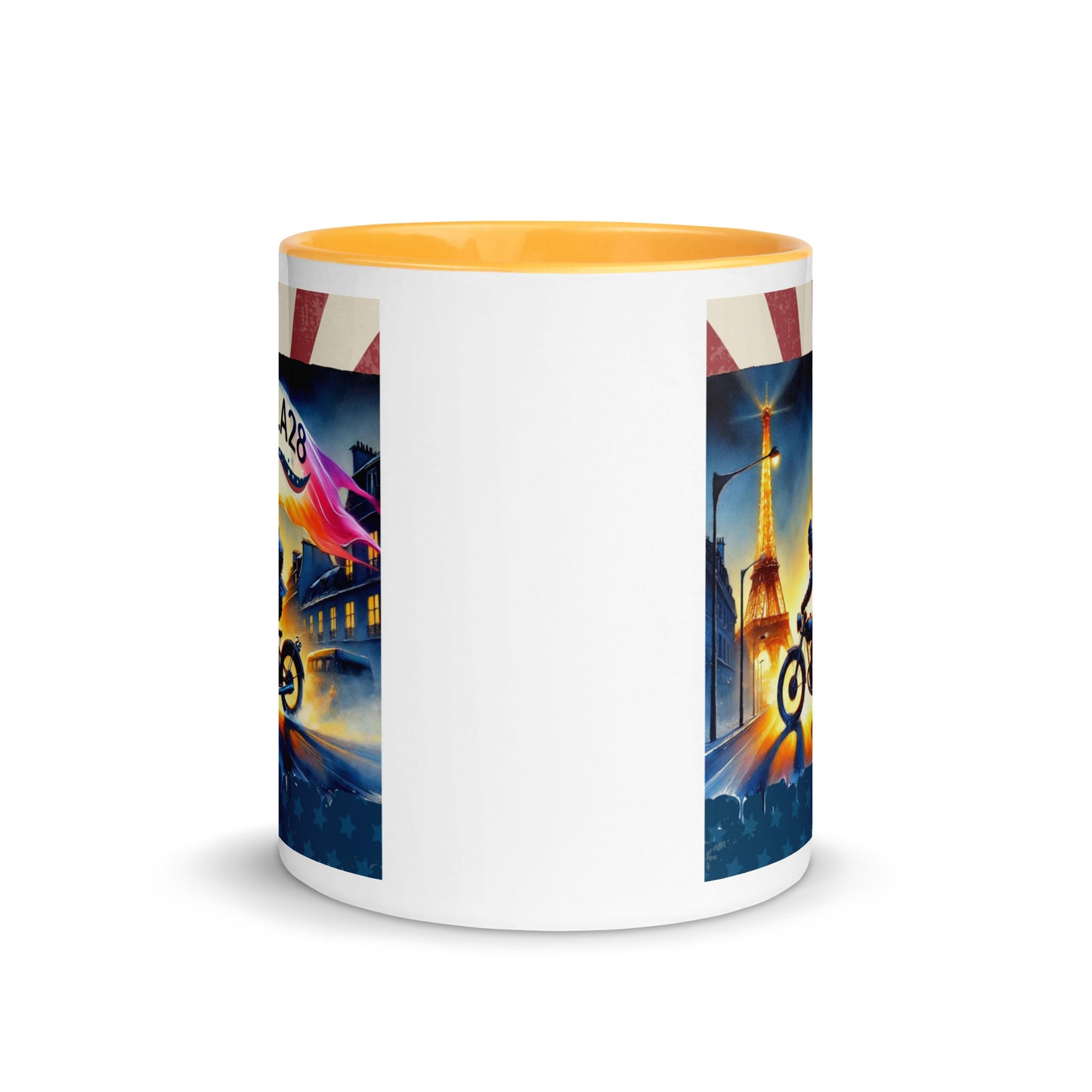 Cruisin to LA28" Vibrant Watercolor Painting – Olympic Spirit with Eiffel Tower Color Mug