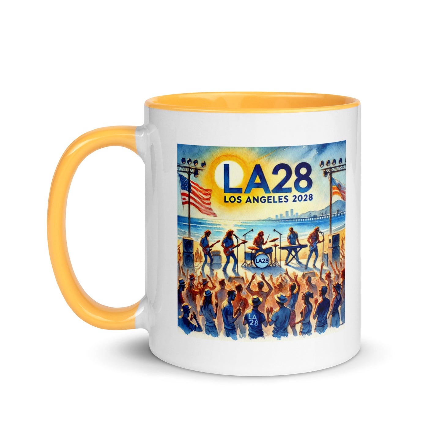 Watercolor Los Angeles Ocean, Beach Scene with LA28 Sign and Live Rock and Roll Band Color Mug