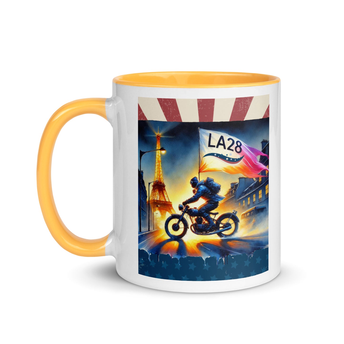 Cruisin to LA28" Vibrant Watercolor Painting – Olympic Spirit with Eiffel Tower Color Mug