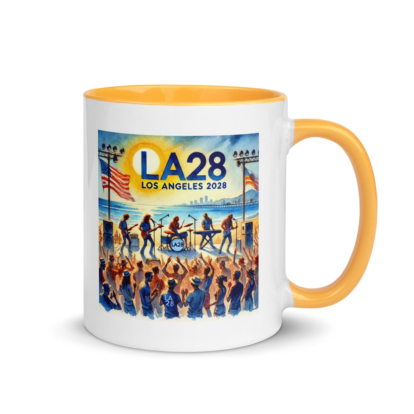 Watercolor Los Angeles Ocean, Beach Scene with LA28 Sign and Live Rock and Roll Band Color Mug