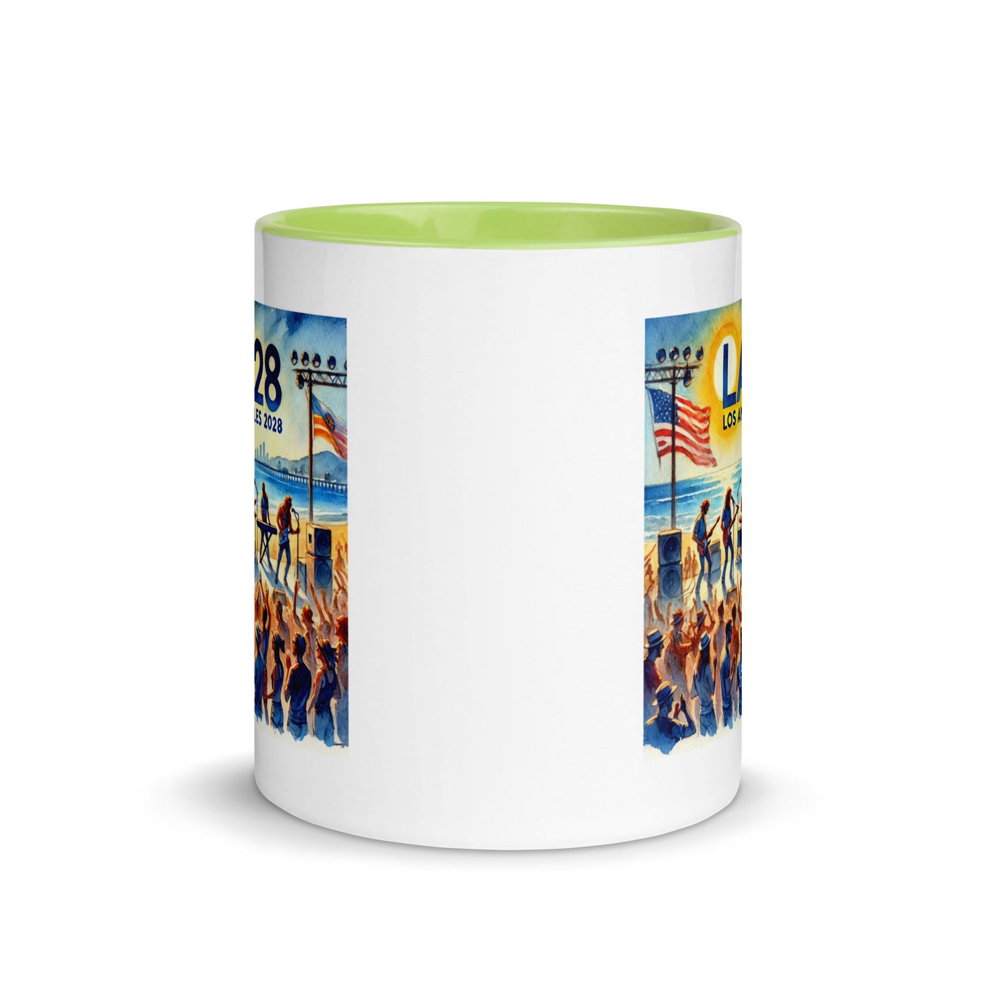 Watercolor Los Angeles Ocean, Beach Scene with LA28 Sign and Live Rock and Roll Band Color Mug