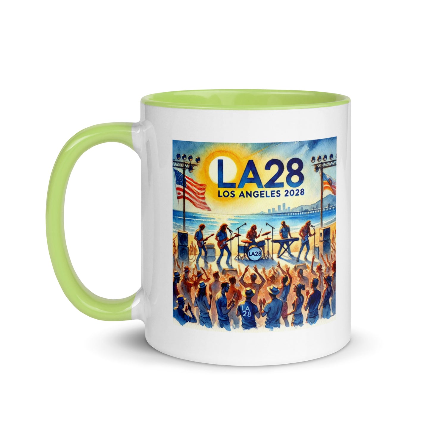 Watercolor Los Angeles Ocean, Beach Scene with LA28 Sign and Live Rock and Roll Band Color Mug