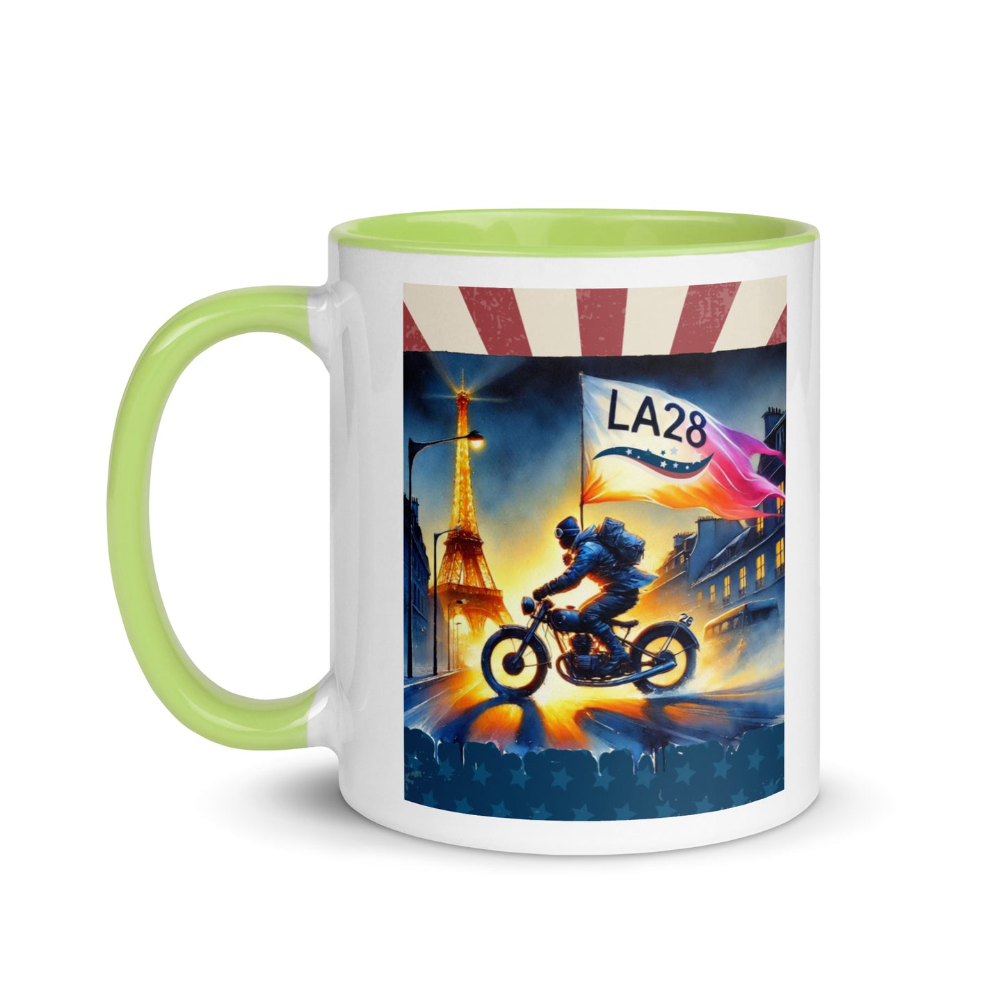 Cruisin to LA28" Vibrant Watercolor Painting – Olympic Spirit with Eiffel Tower Color Mug