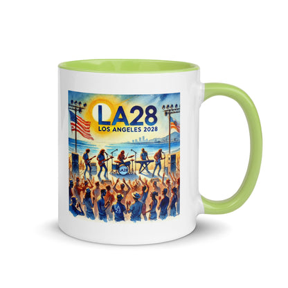 Watercolor Los Angeles Ocean, Beach Scene with LA28 Sign and Live Rock and Roll Band Color Mug