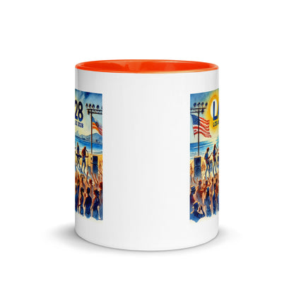 Watercolor Los Angeles Ocean, Beach Scene with LA28 Sign and Live Rock and Roll Band Color Mug