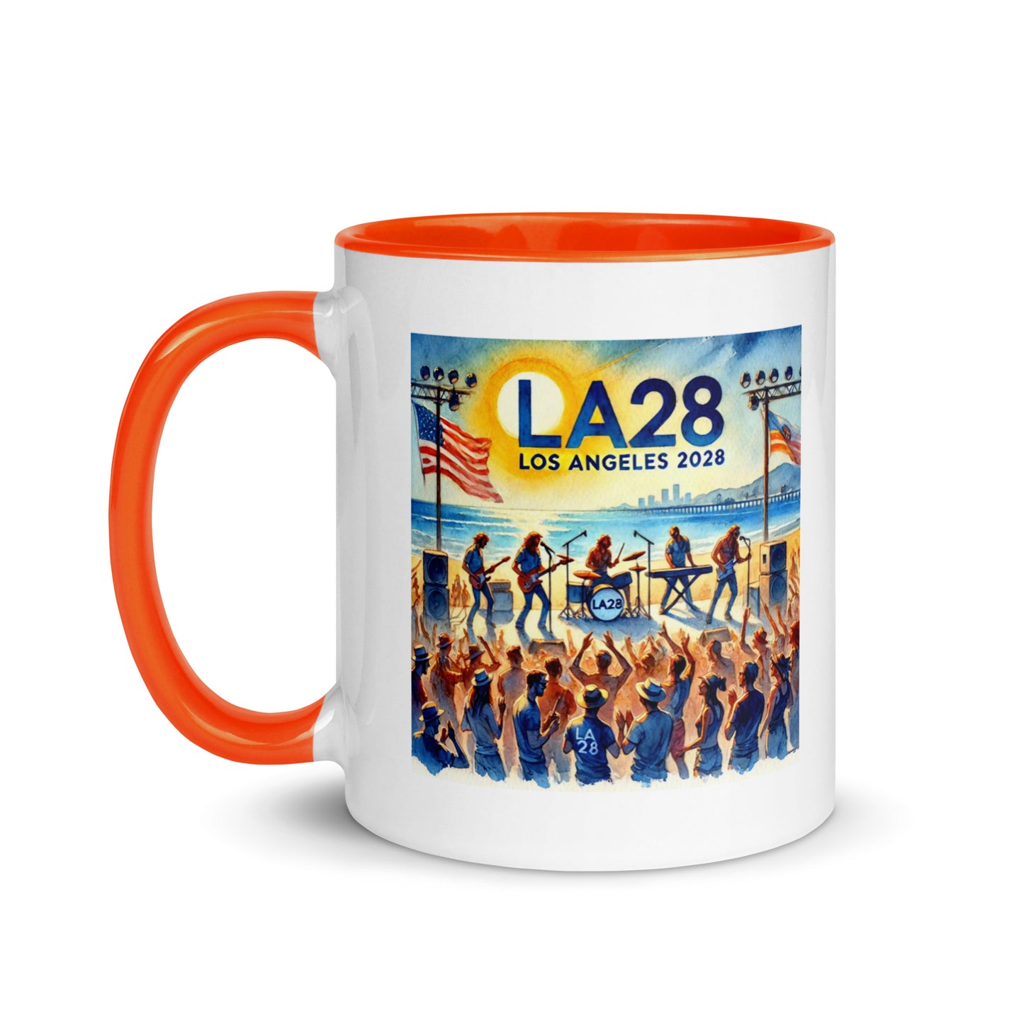 Watercolor Los Angeles Ocean, Beach Scene with LA28 Sign and Live Rock and Roll Band Color Mug