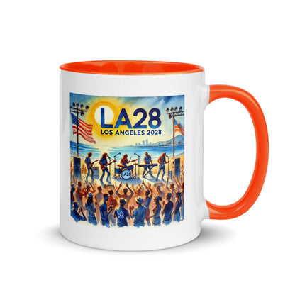 Watercolor Los Angeles Ocean, Beach Scene with LA28 Sign and Live Rock and Roll Band Color Mug