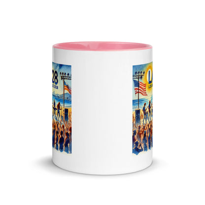 Watercolor Los Angeles Ocean, Beach Scene with LA28 Sign and Live Rock and Roll Band Color Mug