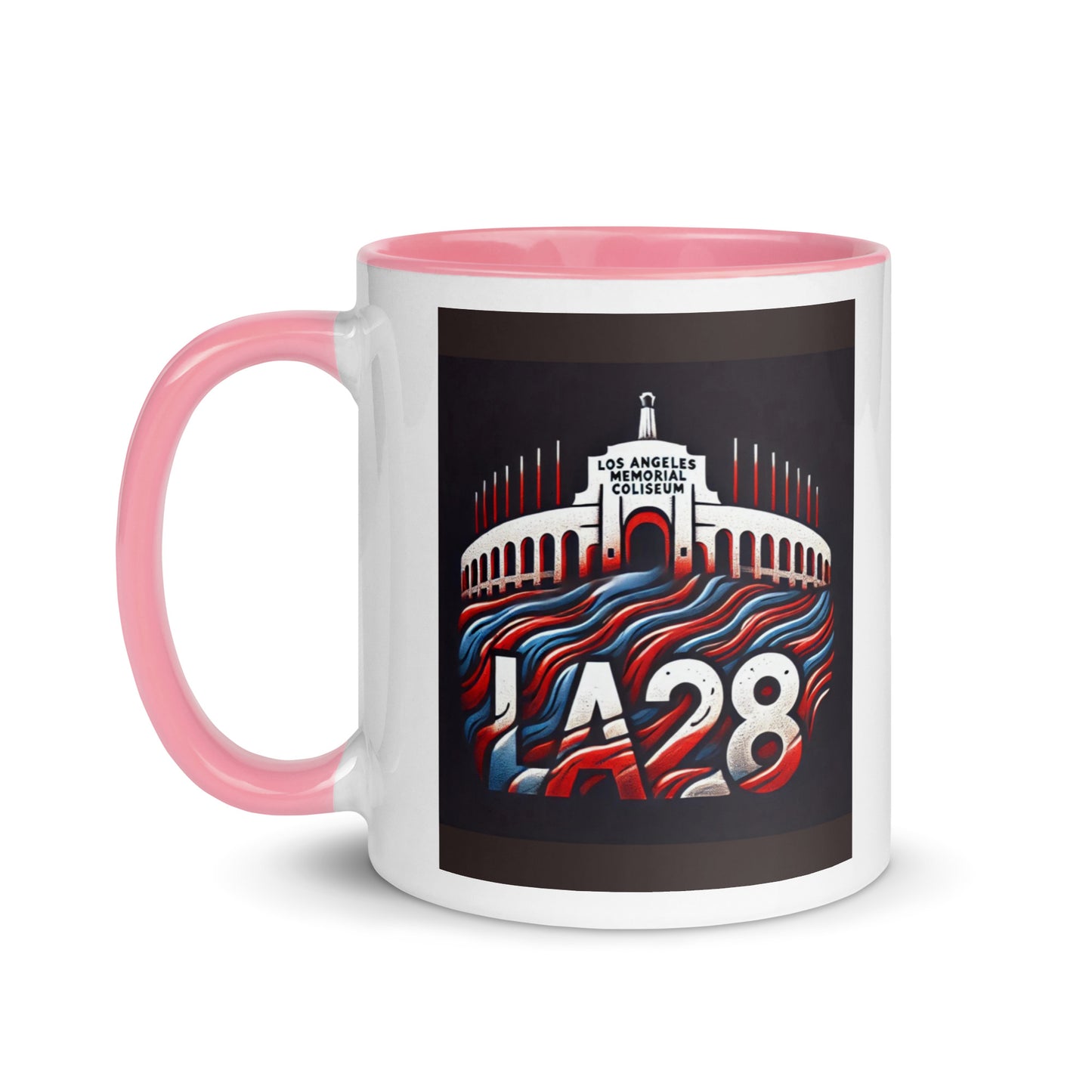 Patriotic Hat LA28 Logo with Los Angeles Memorial Coliseum Outline Color Mug