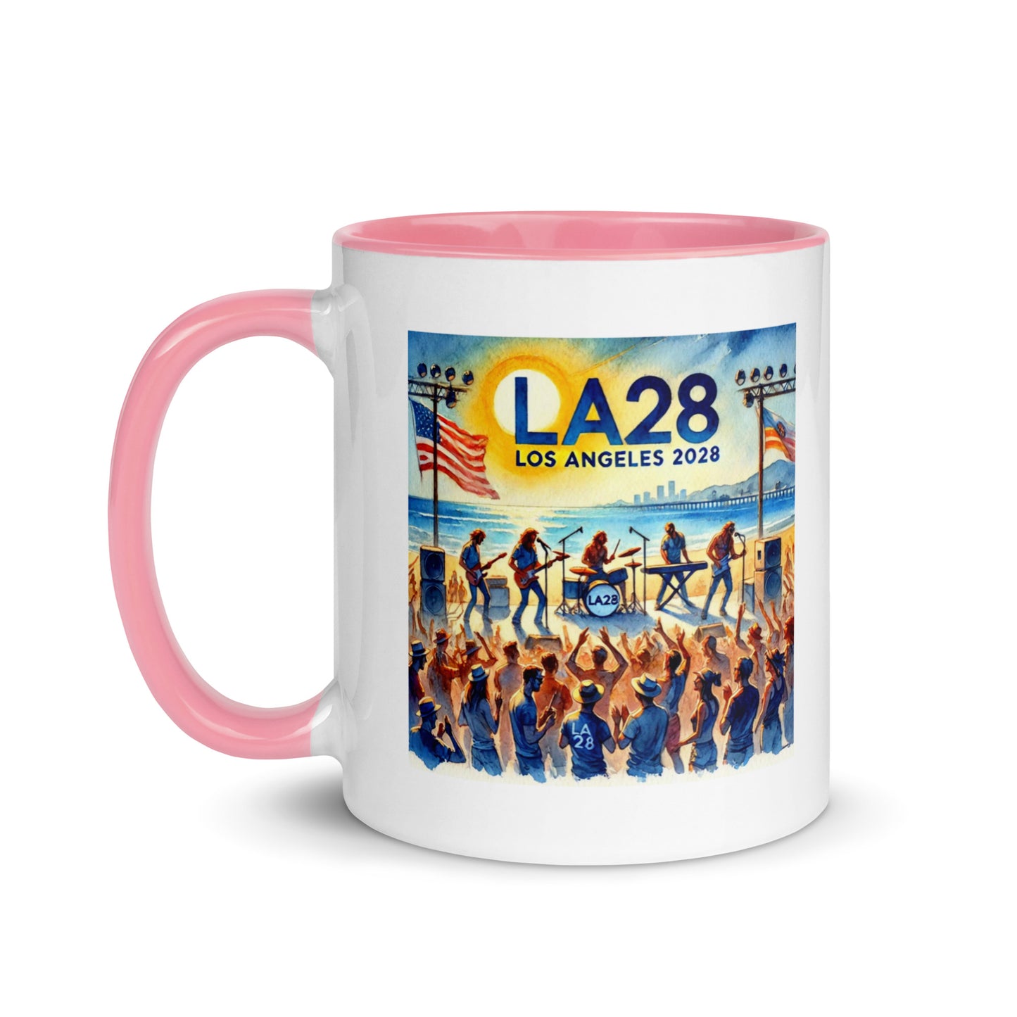 Watercolor Los Angeles Ocean, Beach Scene with LA28 Sign and Live Rock and Roll Band Color Mug