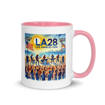 Watercolor Los Angeles Ocean, Beach Scene with LA28 Sign and Live Rock and Roll Band Color Mug