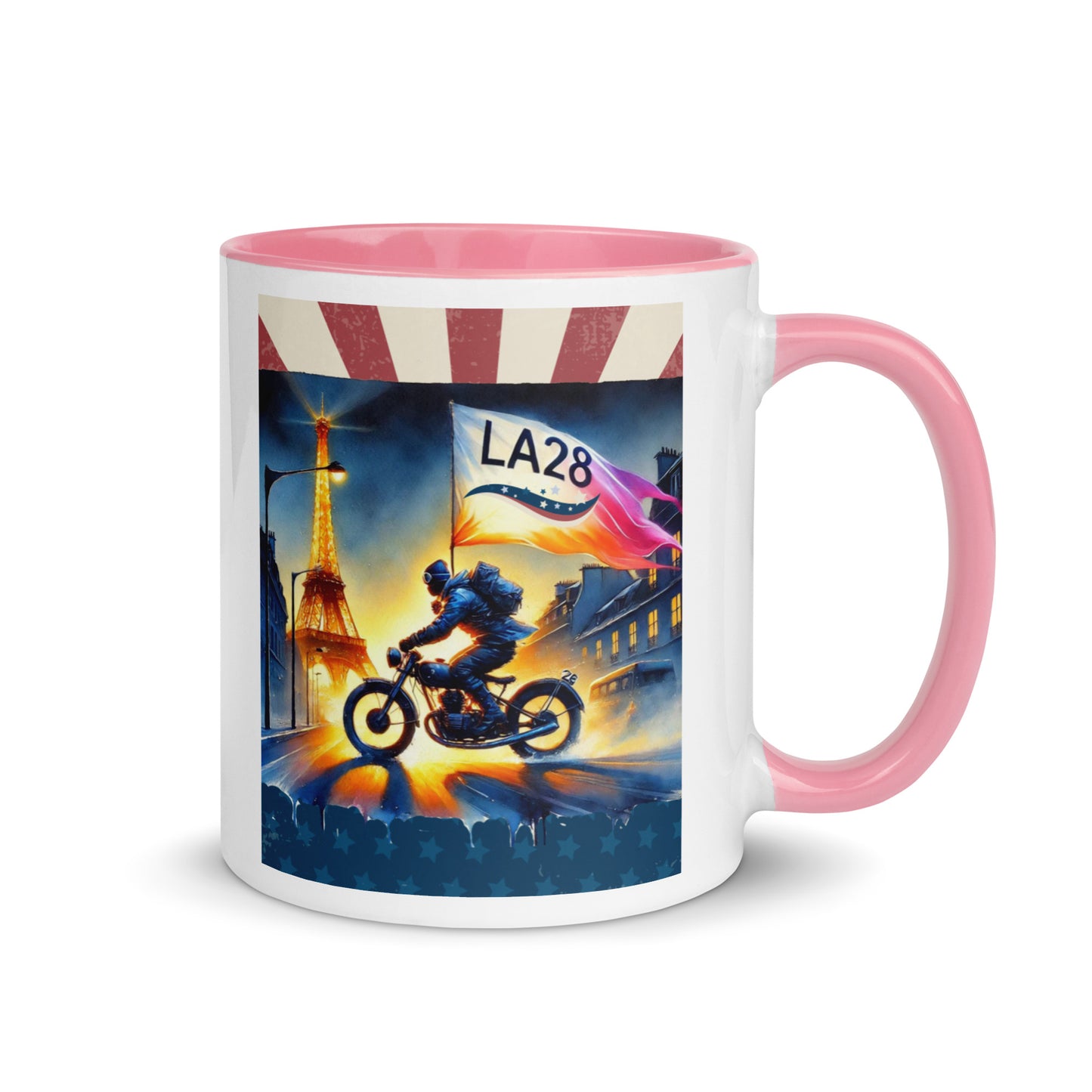 Cruisin to LA28" Vibrant Watercolor Painting – Olympic Spirit with Eiffel Tower Color Mug