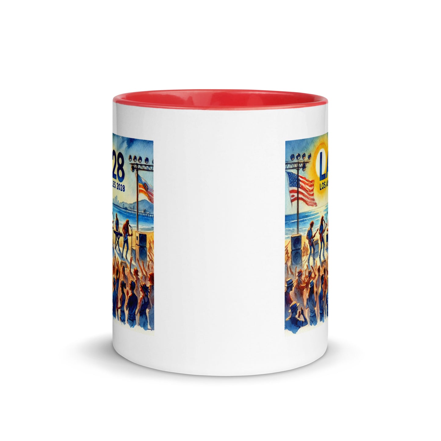 Watercolor Los Angeles Ocean, Beach Scene with LA28 Sign and Live Rock and Roll Band Color Mug