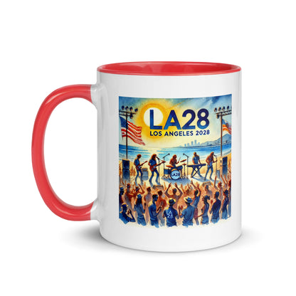 Watercolor Los Angeles Ocean, Beach Scene with LA28 Sign and Live Rock and Roll Band Color Mug