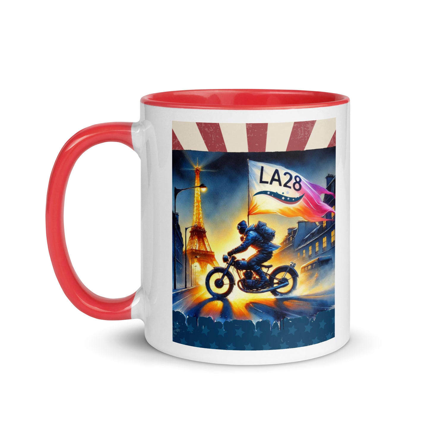 Cruisin to LA28" Vibrant Watercolor Painting – Olympic Spirit with Eiffel Tower Color Mug