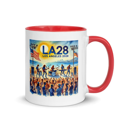 Watercolor Los Angeles Ocean, Beach Scene with LA28 Sign and Live Rock and Roll Band Color Mug