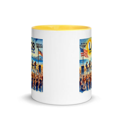 Watercolor Los Angeles Ocean, Beach Scene with LA28 Sign and Live Rock and Roll Band Color Mug