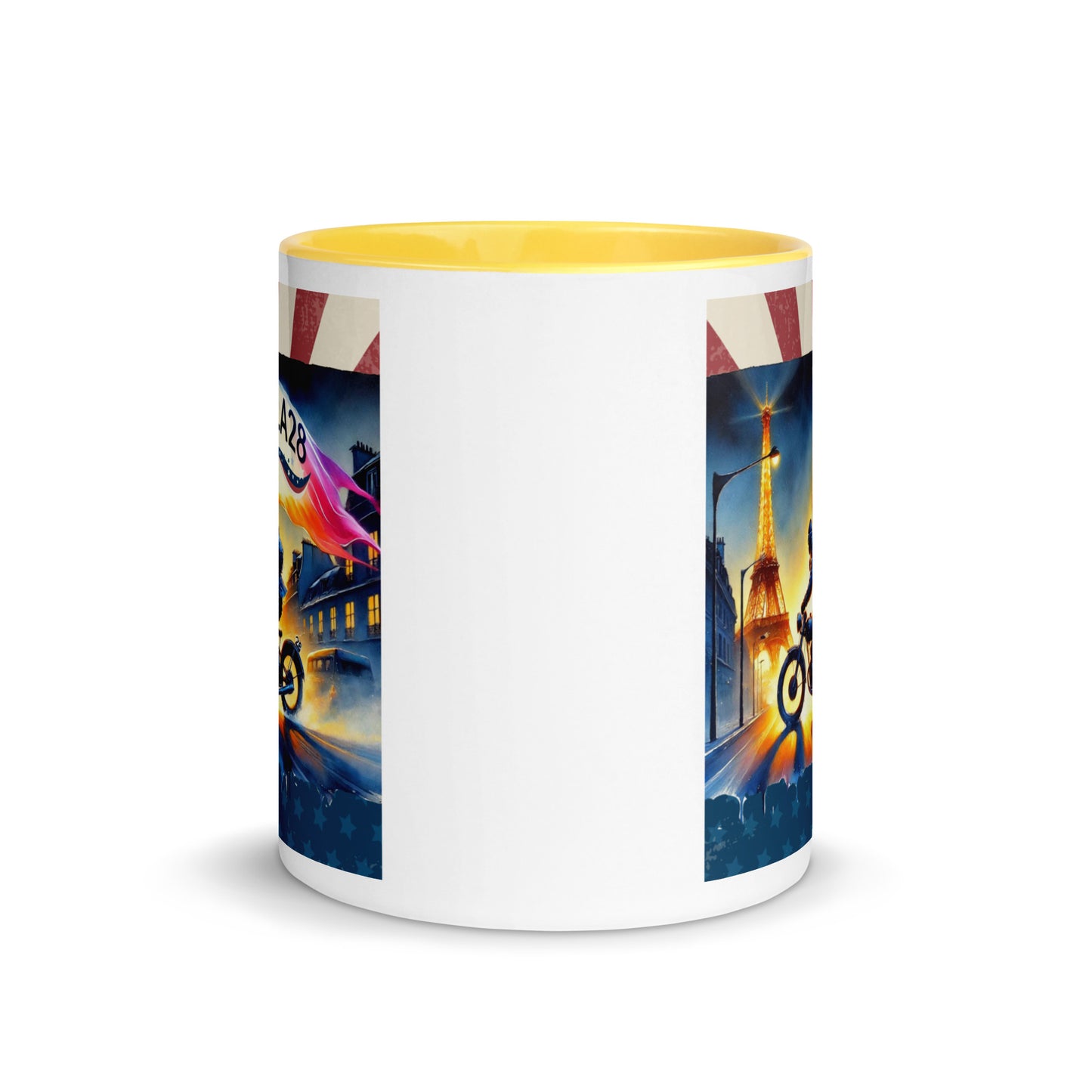 Cruisin to LA28" Vibrant Watercolor Painting – Olympic Spirit with Eiffel Tower Color Mug