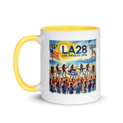 Watercolor Los Angeles Ocean, Beach Scene with LA28 Sign and Live Rock and Roll Band Color Mug
