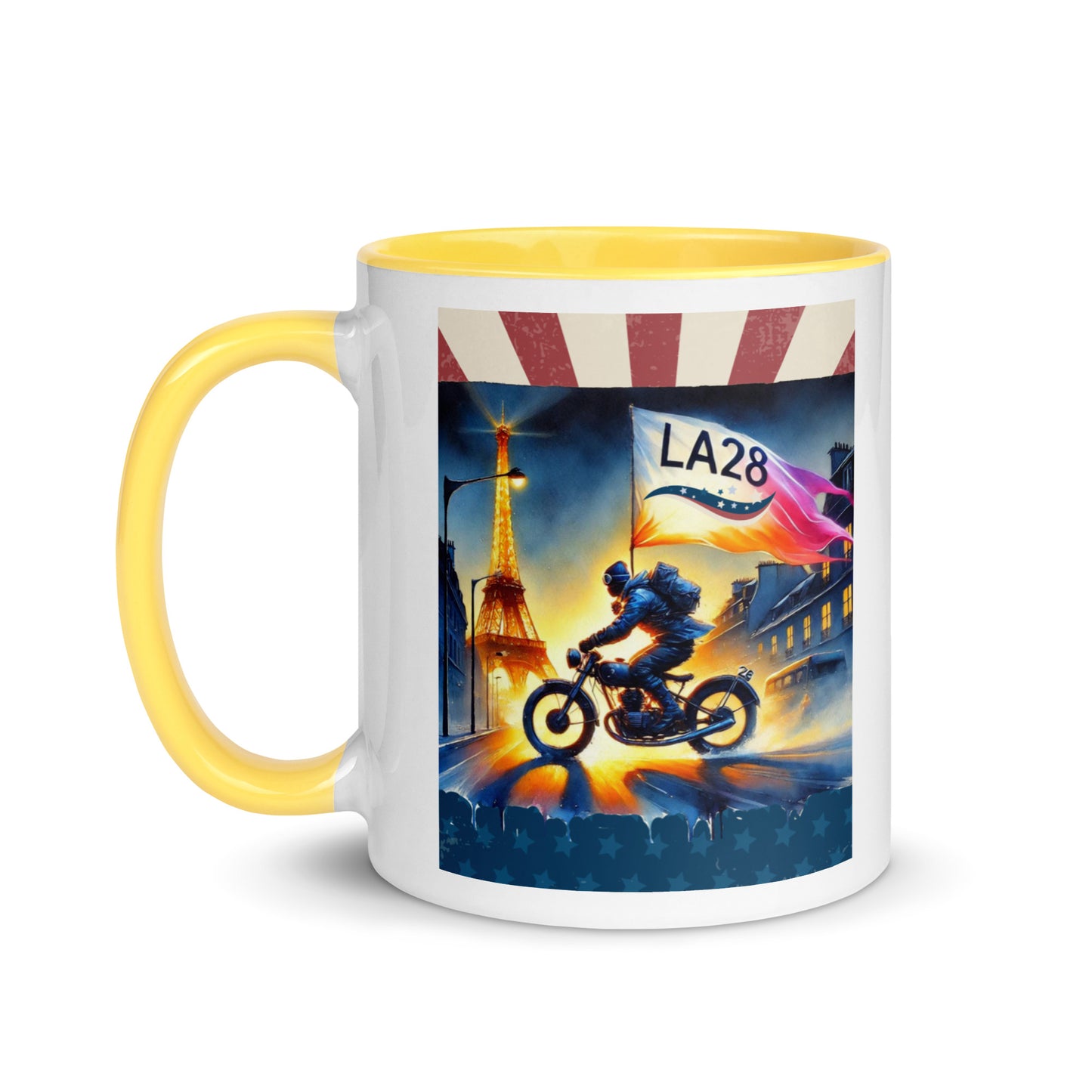 Cruisin to LA28" Vibrant Watercolor Painting – Olympic Spirit with Eiffel Tower Color Mug
