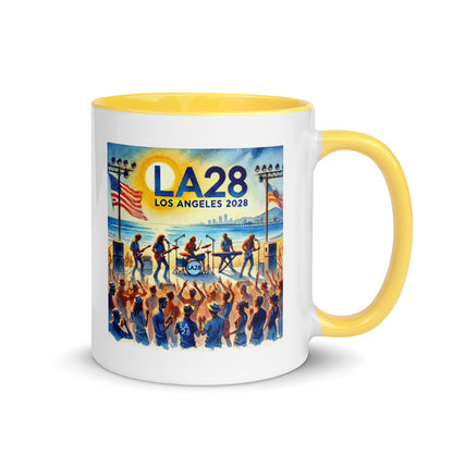 Watercolor Los Angeles Ocean, Beach Scene with LA28 Sign and Live Rock and Roll Band Color Mug