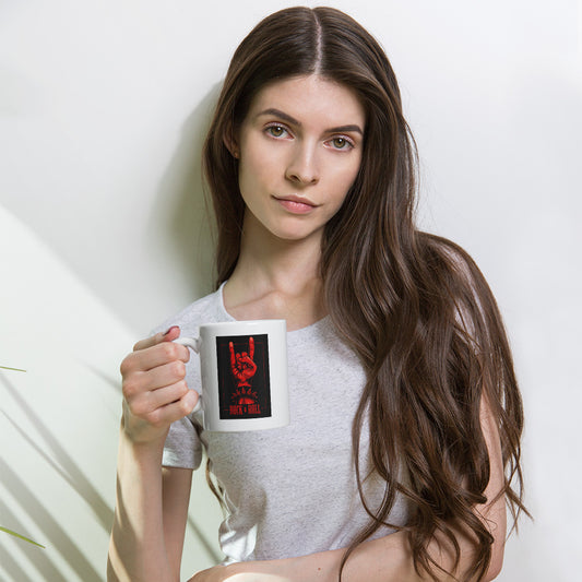 Rock and Roll Red Hand Gesture with Spike Bracelet White mug