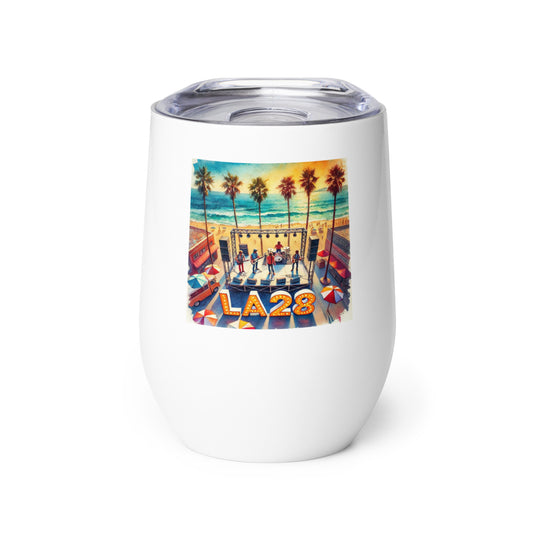 Vibrant Aerial Watercolor Los Angeles Ocean, Beach Scene with LA28 Sign and Live Band Wine Tumbler