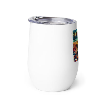 Vibrant Aerial Watercolor Los Angeles Ocean, Beach Scene with LA28 Sign and Live Band Wine Tumbler