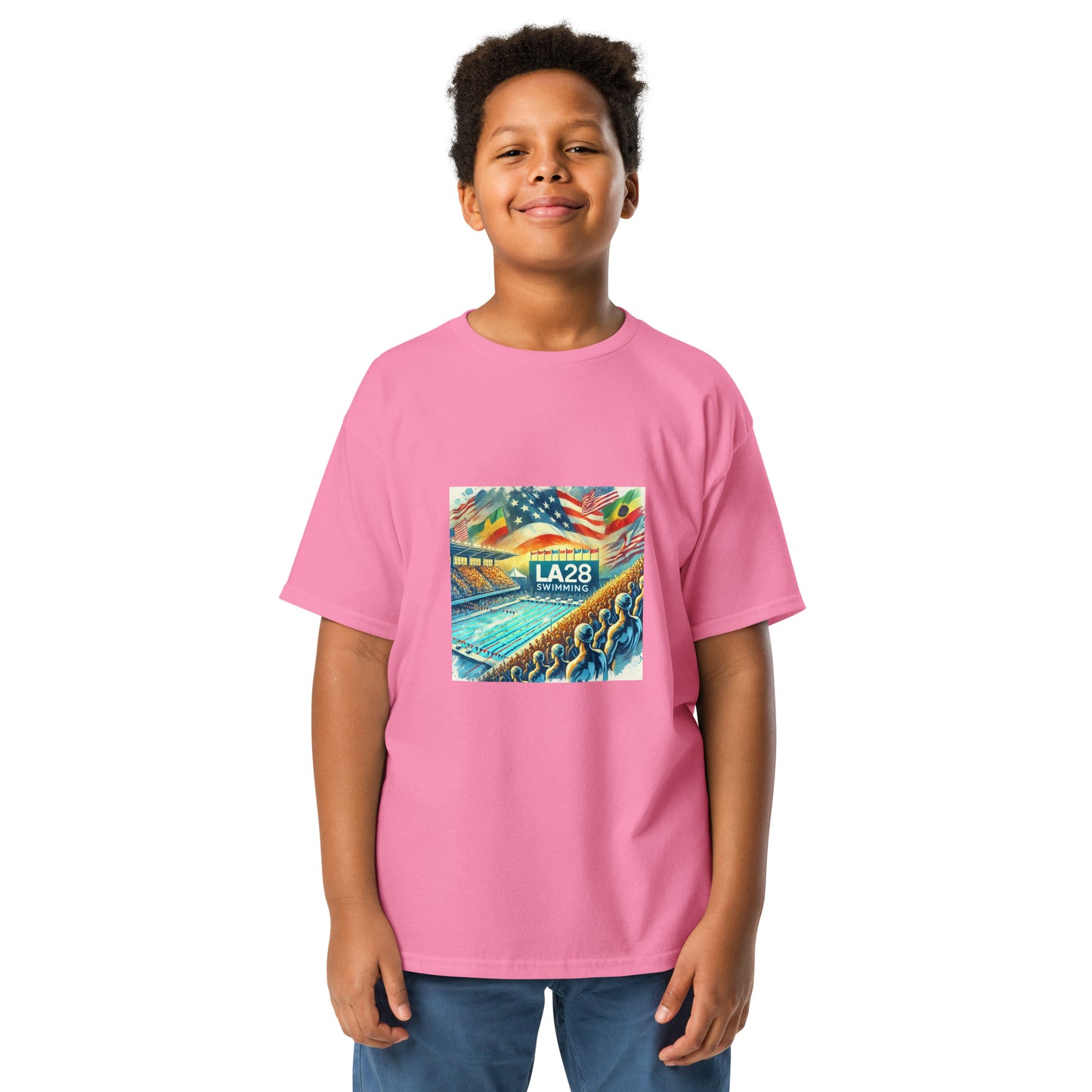 Vibrant Watercolor LA28 Swimming Crowd Logo | Energetic Olympic Swimming Art Youth T-shirt