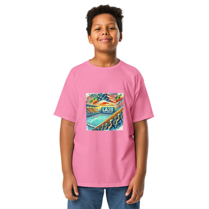 Vibrant Watercolor LA28 Swimming Crowd Logo | Energetic Olympic Swimming Art Youth T-shirt