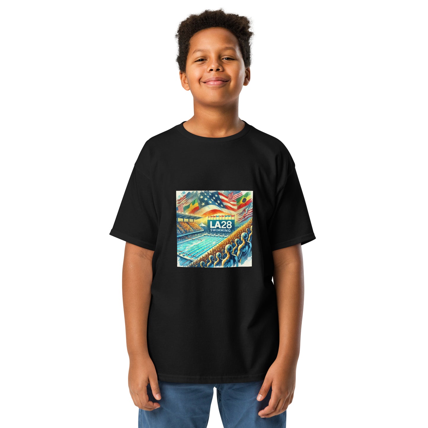 Vibrant Watercolor LA28 Swimming Crowd Logo | Energetic Olympic Swimming Art Youth T-shirt