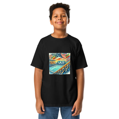 Vibrant Watercolor LA28 Swimming Crowd Logo | Energetic Olympic Swimming Art Youth T-shirt