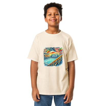 Vibrant Watercolor LA28 Swimming Crowd Logo | Energetic Olympic Swimming Art Youth T-shirt