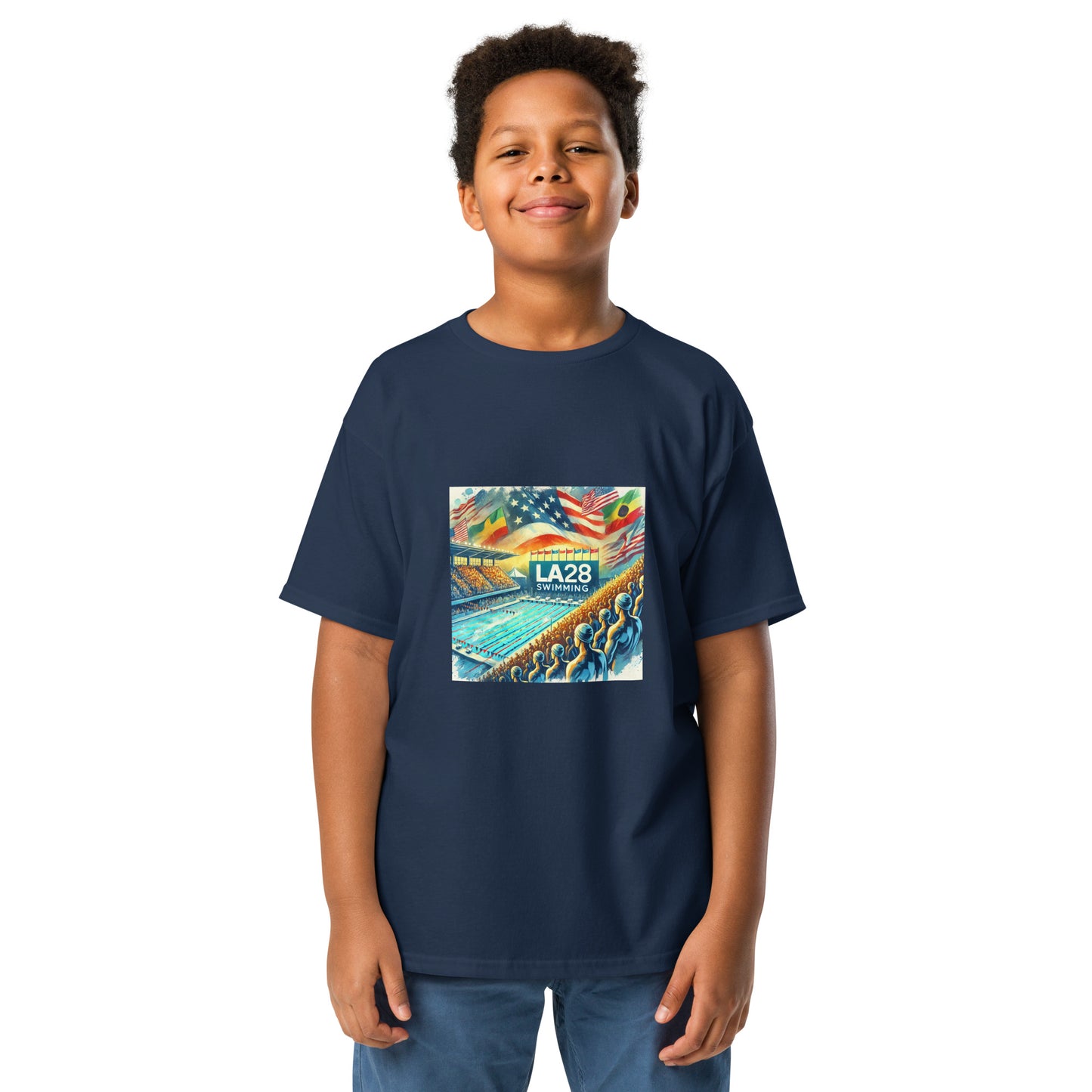 Vibrant Watercolor LA28 Swimming Crowd Logo | Energetic Olympic Swimming Art Youth T-shirt
