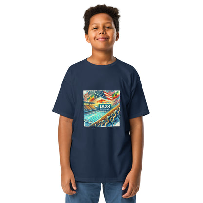 Vibrant Watercolor LA28 Swimming Crowd Logo | Energetic Olympic Swimming Art Youth T-shirt