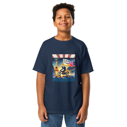 Cruisin to LA28" Vibrant Watercolor Painting – Olympic Spirit with Eiffel Tower Youth T-shirt