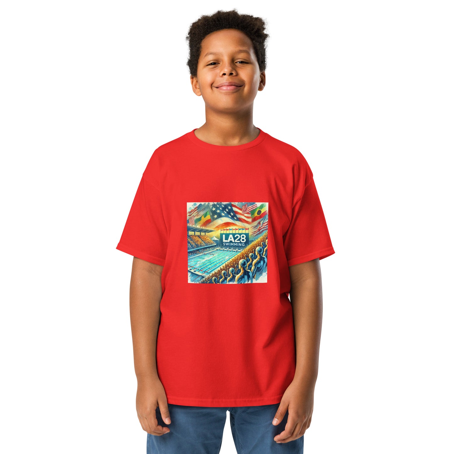 Vibrant Watercolor LA28 Swimming Crowd Logo | Energetic Olympic Swimming Art Youth T-shirt