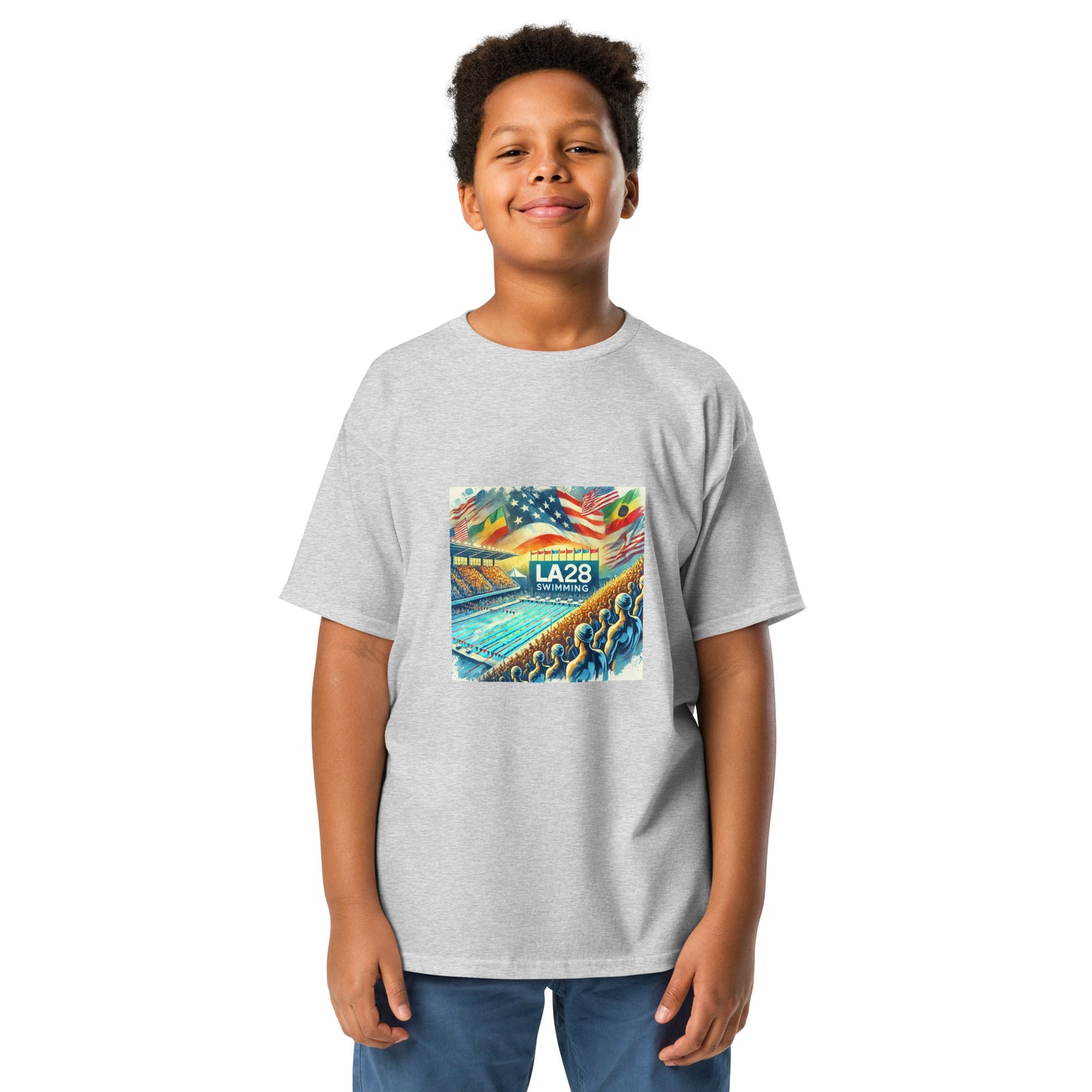 Vibrant Watercolor LA28 Swimming Crowd Logo | Energetic Olympic Swimming Art Youth T-shirt